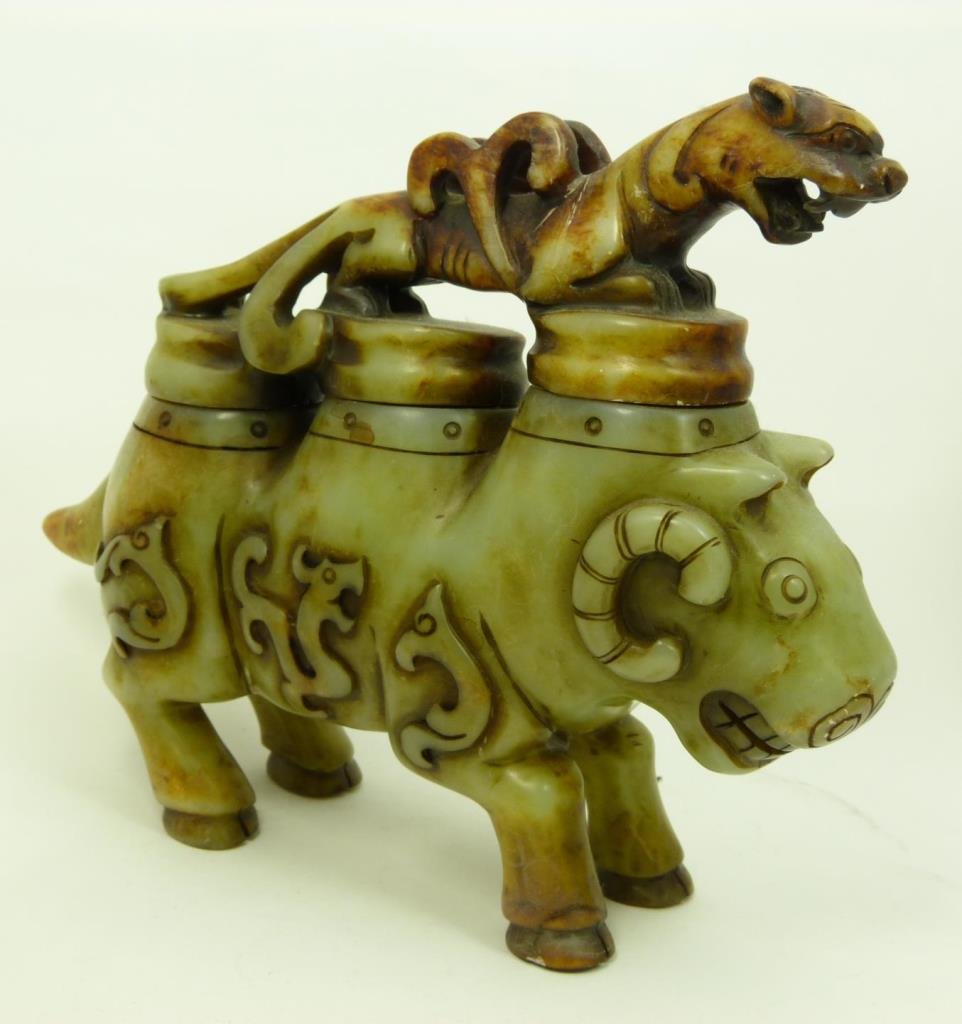 LARGE JADE STYLE RAM TRIPLE VESSEL: LARGE JADE STYLE RAM TRIPLE VESSEL Measures 8" tall (20.32cm) x 10" wide(25.40cm) 3 openings to top of ram with a flying tiger top. Total weight 3001g