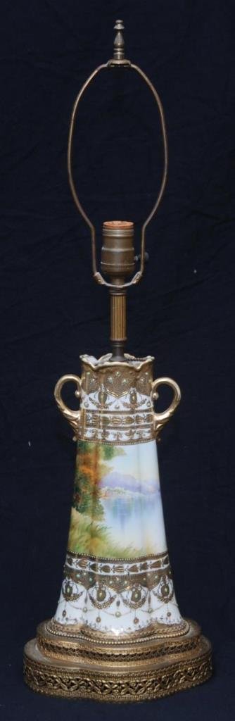 ANTIQUE HAND PAINTED NIPPON VASE/LAMP: ANTIQUE HAND PAINTED NIPPON VASE/LAMP Vase measures 11-3/4" tall (29.71cm) sits on a 3" brass base. Beautifully hand painted. Turn of the century. Total weight 1984