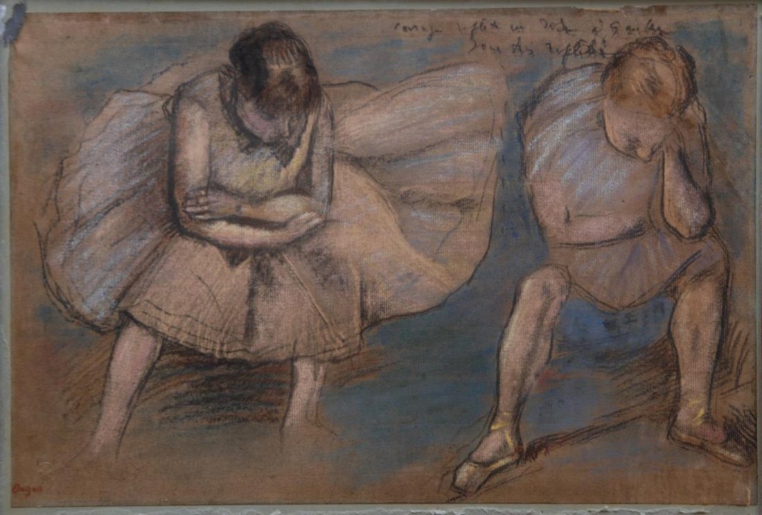 EDGAR DEGAS FRENCH 1834-1917 PASTEL DRAWING: EDGAR DEGAS FRENCH 1834-1917 Pastel drawing, signed lower left. Of a young girl & boy sitting, on official paper. Measures 11" (27.94cm) x 16" (40.64cm). From a Palm Beach Estate. Has a signed dedicat