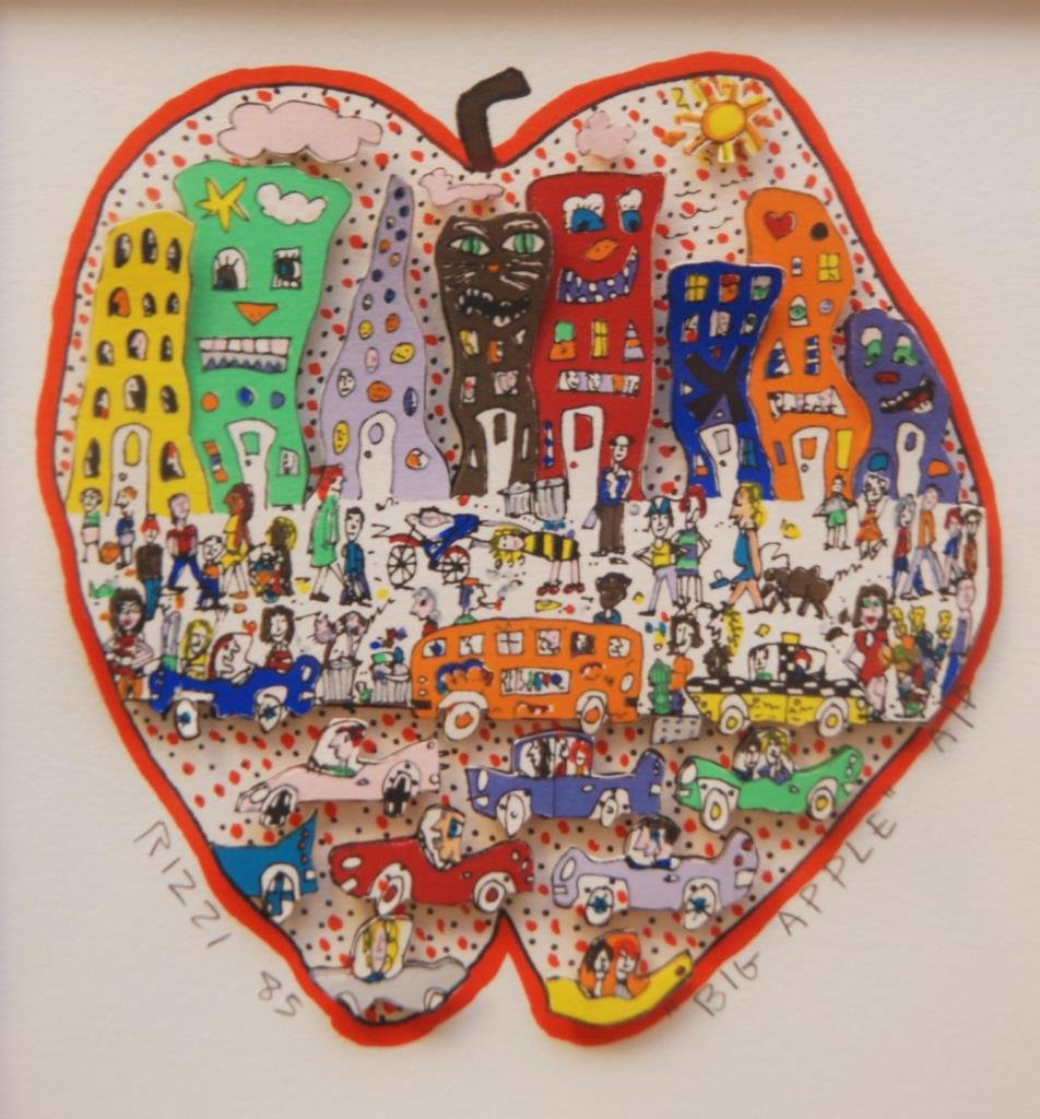 JAMES RIZZI 3D BIG APPLE: JAMES RIZZI 3D BIG APPLE Nicely framed. Artist proof. Silk screen collage. Titled the Big Apple. Measures 8" (20.32cm) x 6-1/2" (16.51cm). Signed in pencil dated 1985. With attached COA.