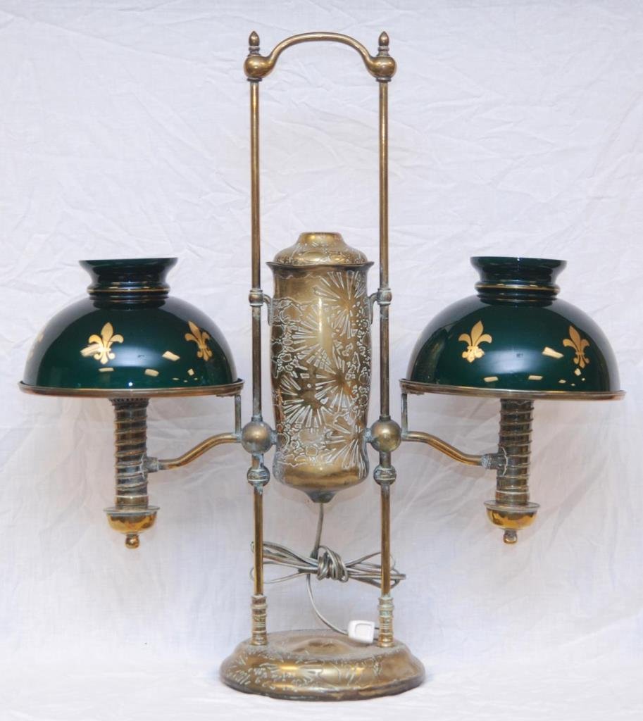 TIFFANY STUDIOS LARGE STUDENT LAMP & GLASS SHADES: TIFFANY STUDIOS LARGE STUDENT LAMP & GLASS SHADES Measures 30" tall (76.2cm). Impressed to base Tiffany Studios. Has 2 large green glass shades with gold fleur de lis. Pinecone design. Circa 1900.
