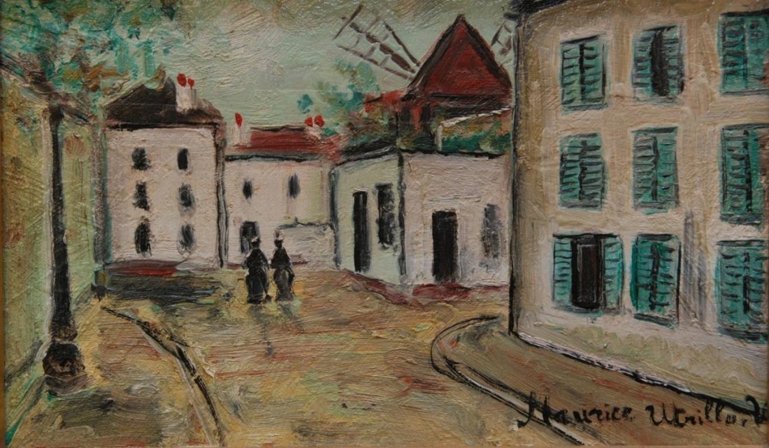 OIL ON MASONITE OF STREET SCENE AFTER UTRILLO: OIL ON MASONITE OF STREET SCENE AFTER UTRILLO Measures 6' x 9" (15.24cm x 22.86cm) depicting a street scene in old Italy. Bears the signature Maurice Utrillo. Nicely framed in gold leaf. Total weight 