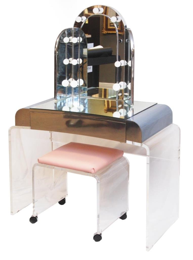 LUCITE VANITY WITH MARQUEE LIGHTS MIRROR AND STOOL: MID CENTURY LUCITE VANITY WITH MARQUEE LIGHTS, MIRROR AND STOOL Fabulous 1960's retro mid century modern lucite dressing vanity light up mirror & stool. Single white mica veneer drawer. Stool is on 4 
