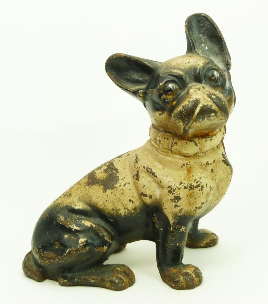 OLD FRENCH BULL DOG CAST IRON DOORSTOP: OLD FRENCH BULL DOG CAST IRON DOORSTOP Antique French bull dog door stop. Circa 1890-1900. Original paint. Measures 7-3/4" tall (19.68cm) x 6-1/2" wide (16.51cm). Total weight 2158.8g