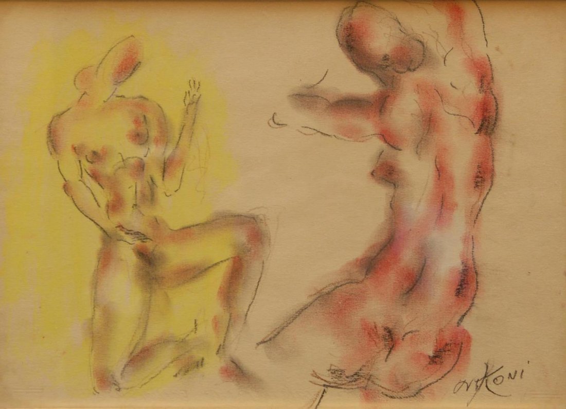 NICOLAS KONI INK AND PASTEL ON PAPER OF NUDE: Nicolas Koni listed artist born 1901 pen and pastel on paper, measures 9 X 12 1/2 (22.56 x 30.72cm) plus frame , nice subject matter, signed lower right