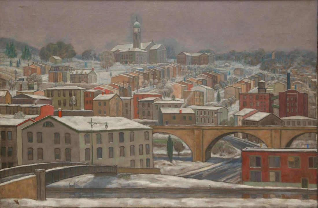 JAMES BONELLI "WINTER" CITYSCAPE OIL ON CANVAS: JAMES BONELLI "WINTER" CITYSCAPE OIL ON CANVAS James P. Bonelli (American 1916 - 2000) a Philadelphia artist who painted scenes of the city and its neighborhoods. 1985 Silver medal of honor. Depicting