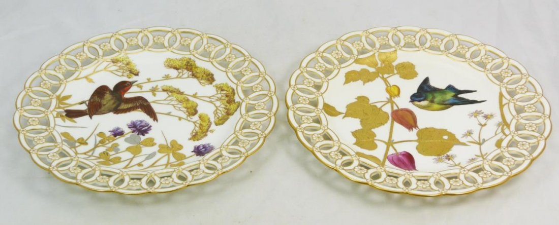 2 ANTIQUE MINTON RETICULATED BIRD PLATES: 2 ANTIQUE MINTON RETICULATED BIRD PLATES Each measures 9" in diameter (22.86cm) with 24kt gold painted leaves and beautiful birds. Plates were imported to NY to the Davis Collamore & Co. stores. Early