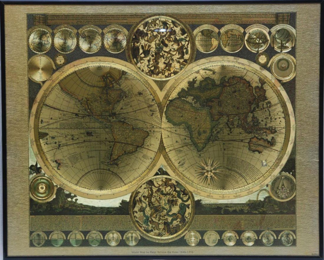 LOVELY GOLD FOIL MAP BY PETER SCHENK: LOVELY GOLD FOIL MAP BY PETER SCHENK Copy of a 18th century world map by Peter Schenk the elder. Nicely framed in a gold foil motif. Measures 16-1/2" tall (41.91cm) x 20-1/2" wide (54.61cm).