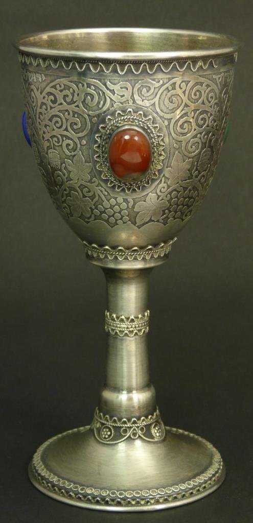 LARGE STERLING SILVER & JEWELED KIDDUSH CUP: LARGE STERLING SILVER & JEWELED KIDDUSH CUP Made an Israel Stanetzk. Measures 6" tall (15.24cm). Jade, lapis and carnelian inset stones. Total weight 3.5ozt