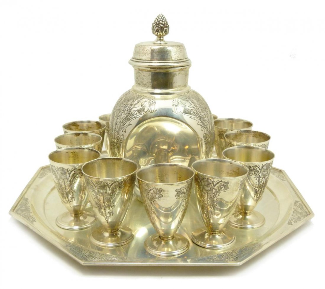 IMPORTANT 14PCS STERLING COCKTAIL SET: IMPORTANT 14PCS STERLING COCKTAIL SET By Barbour Silver Co of Wallingford CT Consisting of: 9-1/2" tall (21.13cm) cocktail shaker, (12) 3-1/4" tall (8.25cm) chalices and a large 15" diameter (38.1cm) 