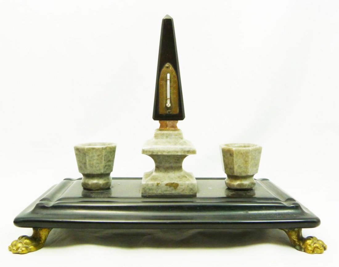 DECO STYLE INKWELL: DECO STYLE INKWELL With thermometer on slate base. Measures 8" across (20.32cm) x 7" tall (17.78cm). Total weight 1292g