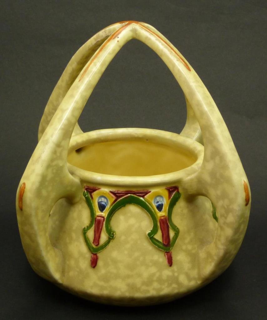 ANTIQUE CZECH / AUSTRIAN AMPHORA TYPE BASKET: ANTIQUE CZECH / AUSTRIAN AMPHORA TYPE BASKET Turn of the century, marked to base with incised numbers, great mold, hand painted in an indian style motif. measures 7 .5" (19.05cm) tall .total weight 69