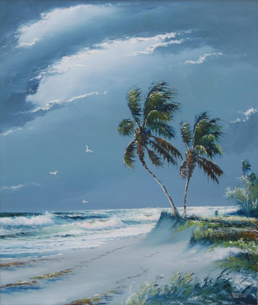 ORIGINAL HIGHWAYMEN SAM NEWTON OIL ON BOARD: ORIGINAL HIGHWAYMEN SAM NEWTON OIL ON BOARD Oil on board painting. Signed lower right. Measures 23" wide (58.42cm) x 28" tall (71.12cm) + 2-1/2" frame. Depicting palm trees on the beach. Total weight