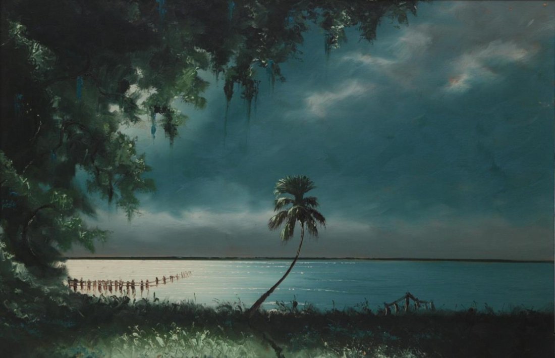 ORIGINAL HIGHWAYMEN AL BLACK OIL ON BOARD: ORIGINAL HIGHWAYMEN AL BLACK OIL ON BOARD Signed lower right. Oil on board painting. Measures 34" wide (86.36cm) x 22" tall (55.88cm) + 2-1/2" frame. Depicting a seascape in old Florida . Total weight
