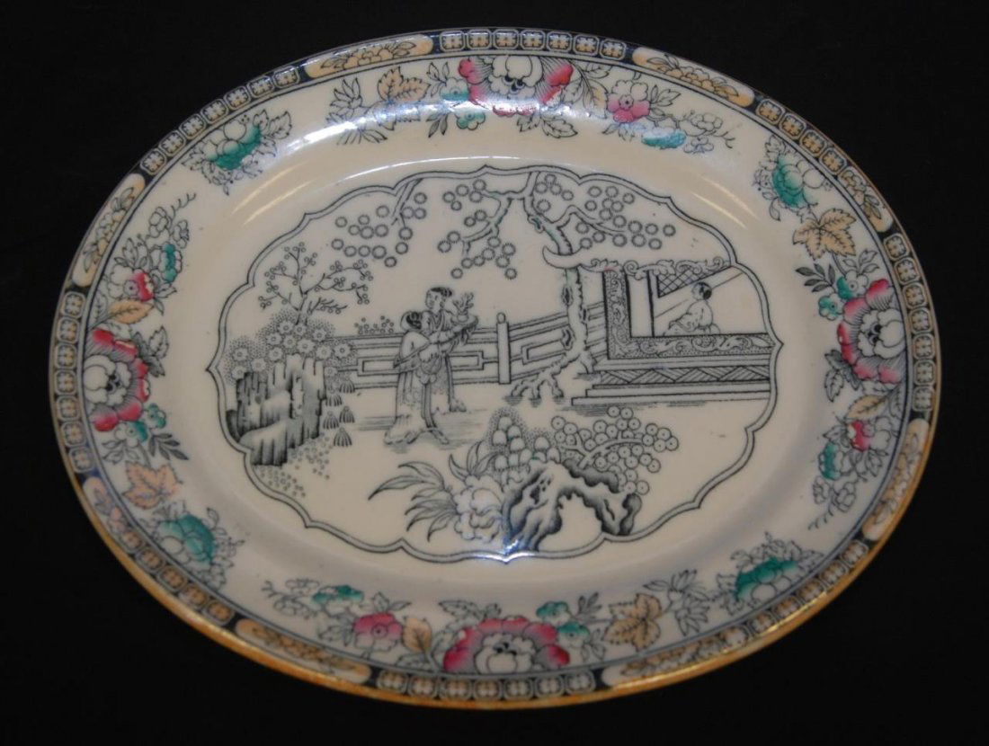 ANTIQUE ENGLISH ORIENTALIST PLATTER: ANTIQUE ENGLISH ORIENTALIST PLATTER Platter measures 10" across (25.40cm). Incised worth to base. Chinese pattern. Turn of the century. Total weight 652g