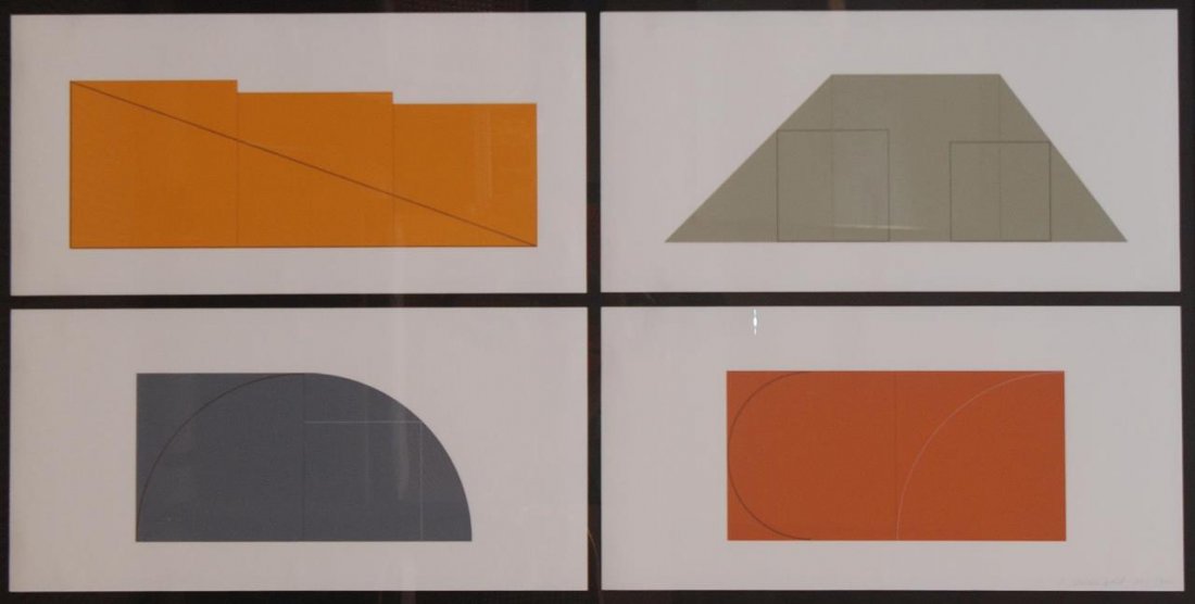 ROBERT MANGOLD SIGNED/ NUMBERED 4 PART SILK SCREEN: ROBERT MANGOLD SIGNED & NUMBERED 4 PART SILK SCREEN Each section measures 23" (58.42cm) x 12" (30.48cm) + 2" mat & frame. Number 241/300 listed American artist who was born in 1937. Total weight 6300g