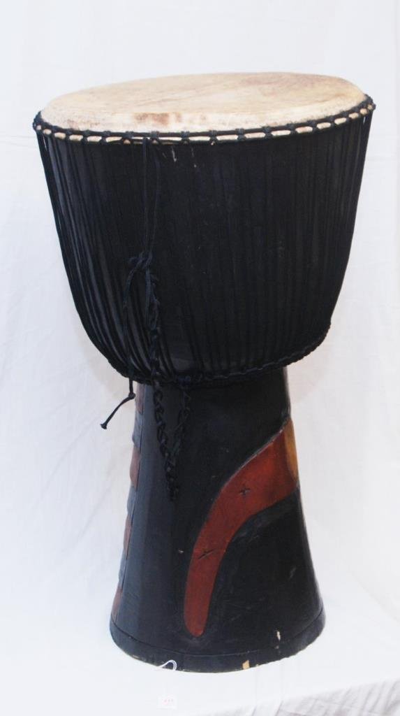 LARGE VINTAGE AFRICAN DRUM: LARGE VINTAGE AFRICAN DRUM Animal skin top carved wooden base. Measures 34" tall (86.36cm)