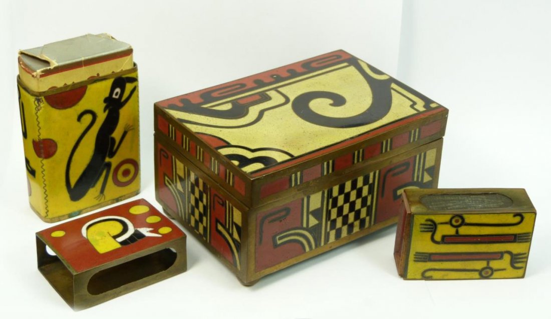RARE ANTIQUE CHINESE ENAMEL SMOKING BOX w/ EXTRAS: RARE ANTIQUE CHINESE ENAMEL SMOKING BOX w/ EXTRAS Abstract design enamel over copper box. Measures 4-3/4" long (10.78cm) x 3-1/4" wide (8.25cm). Comes with matching enamel match safes and cigarette bo