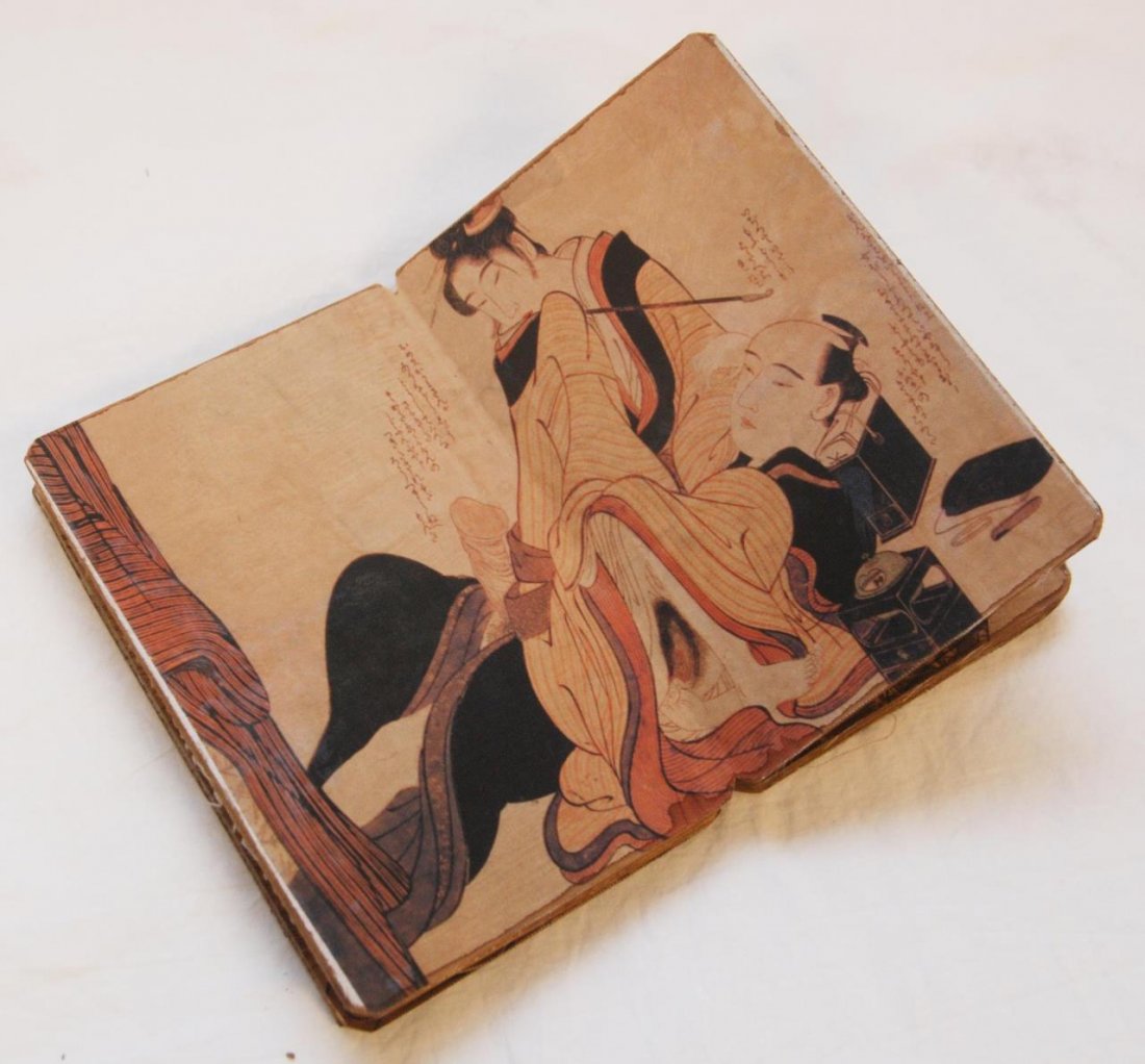 ANTIQUE CHINESE SHUNGA EROTIC SCROLL BOOK: ANTIQUE CHINESE SHUNGA EROTIC SCROLL BOOK This particular Shunga depicts a Chinese erotic scenes. Measures 7-1/2" long (19.05cm) x 4-1/2" wide (11.43) with 5 different erotic scenes. Has leather bound