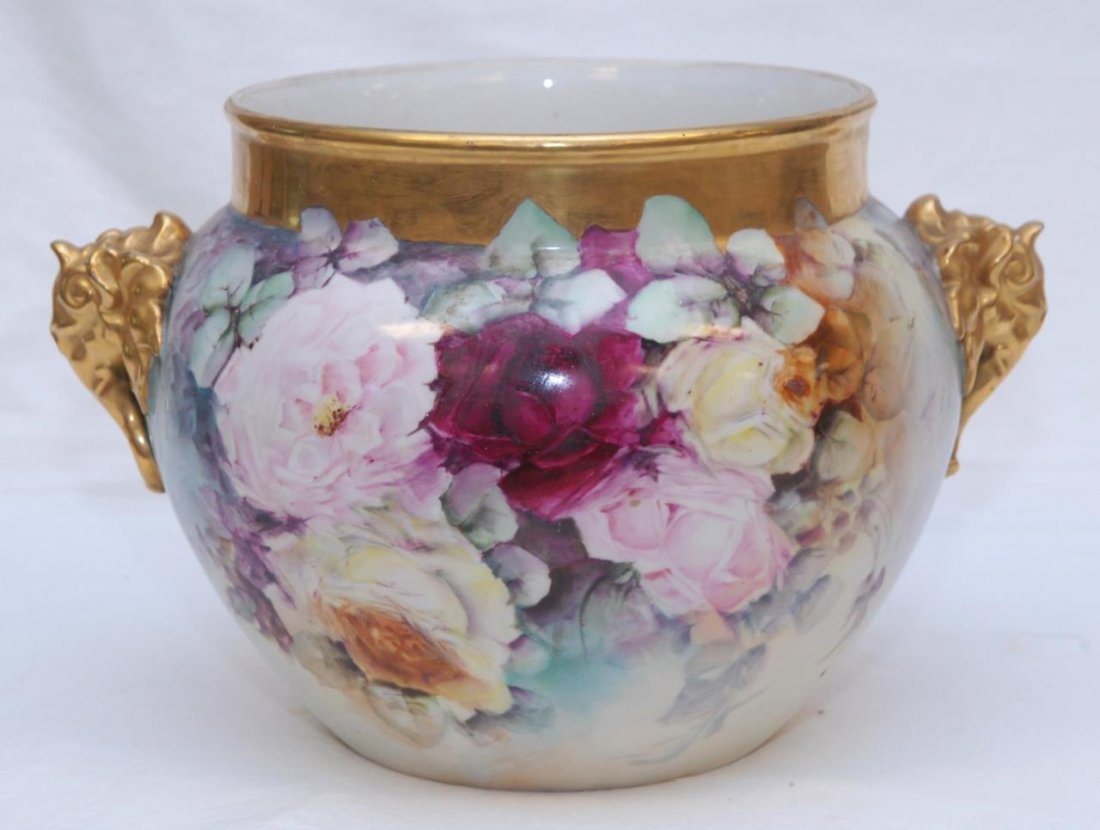 LOVELY ANTIQUE LIMOGES ROSE PAINTED JARDINAR: LOVELY ANTIQUE LIMOGES ROSE PAINTED JARDINAR J. P. Limoges Jean Pouyat Company. Circa turn of the century. Fabulous hand painted cabbage roses. Elephant handles, antique gold paint. Measures 11" tall 