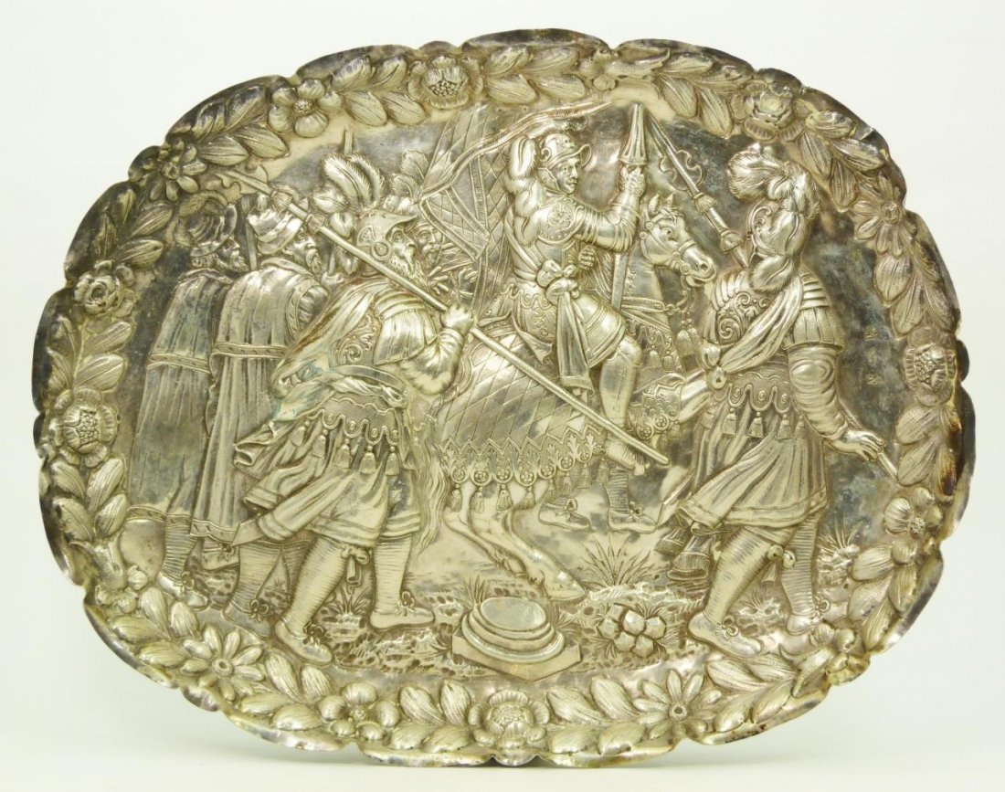 LARGE SCANDINAVIAN 800 SILVER RELIEF TRAY: LARGE SCANDINAVIAN 800 SILVER RELIEF TRAY Measures 14" wide (35.56cm). Depicts soldiers on the way to the crusades. Signed to inside tray. Total weight 15.75ozt