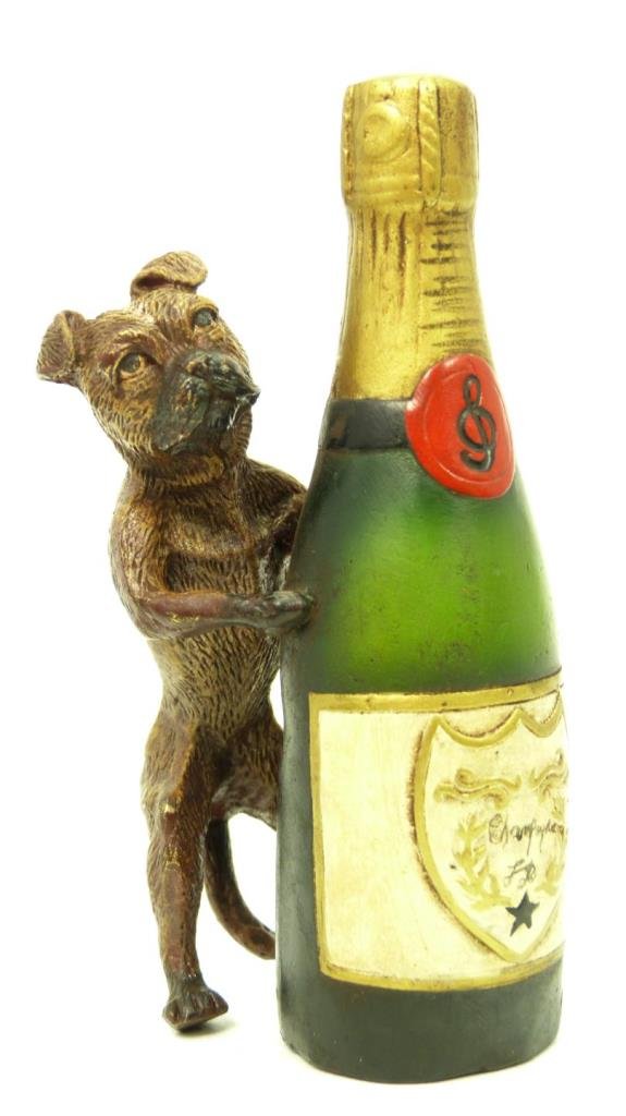 VIENNA STYLE BRONZE BOXER DOG w/ CHAMPAGNE BOTTLE: VIENNA STYLE BRONZE BOXER DOG w/ CHAMPAGNE BOTTLE Measures 4" tall (10.16cm). Total weight 14g