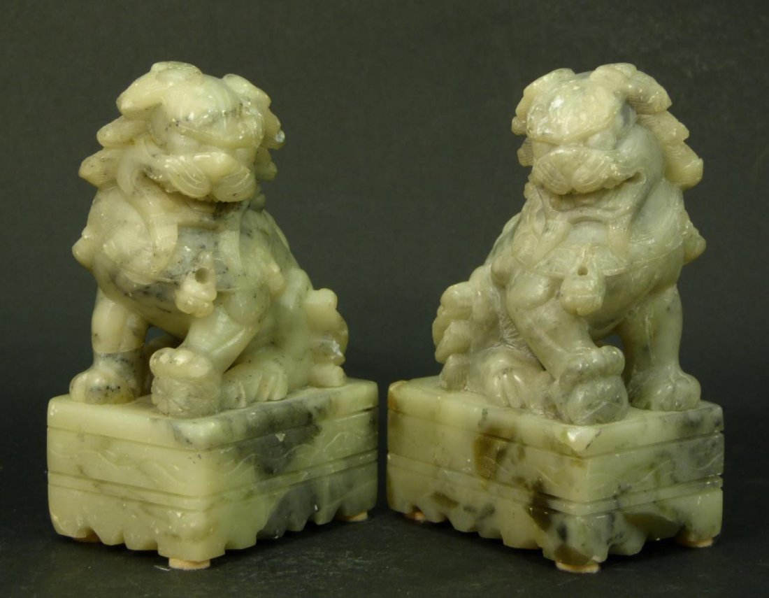 PAIR CHINESE SOAPSTONE FOO DOGS: PAIR CHINESE SOAPSTONE FOO DOGS Each measures 5" tall (12.7cm). Mid 20th century. Total weight 998g