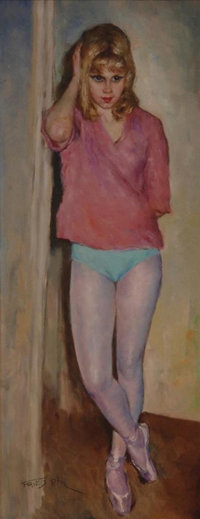 PAL FRIED OIL PAINTING ON CANVAS YOUNG GIRL: PAL FRIED OIL PAINTING ON CANVAS YOUNG GIRL HUNGARIAN/AMERICAN ARTIST Measures 39" long (99.06cm) x 15" wide (38.1cm) + 2" mat & frame. From a Palm Beach Estate. Friends with the artist Pal Fried, giv