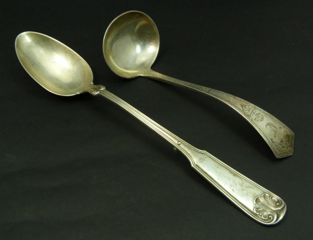 2 LARGE ANTIQUE STERLING SILVER LADLES: 2 LARGE ANTIQUE STERLING SILVER LADLES One measures 9-3/4" long (24.76cm) the other 7" (17.78cm). 1 Marked Rand & Crane the other is Crosby & Foss. Total weight 5.5ozt
