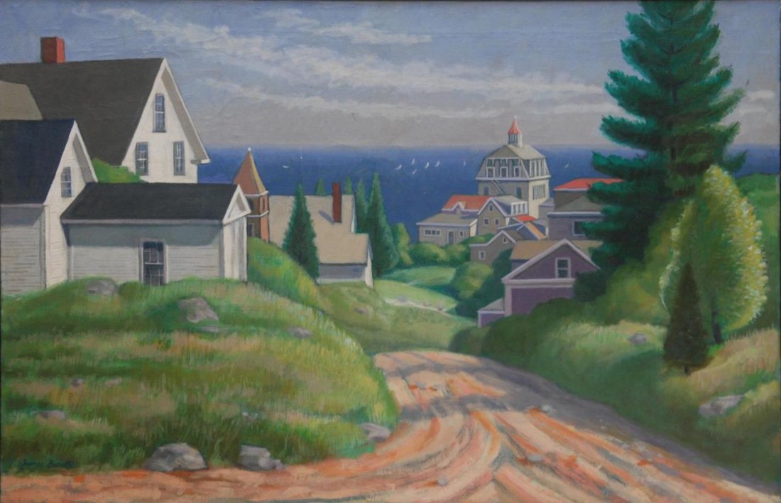 JAMES BONELLI "MONHEGAN ISLAND" OIL ON CANVAS: JAMES BONELLI "MONHEGAN ISLAND" OIL ON CANVAS James P. Bonelli listed artist (American 1916 - 2000). A Philadelphia artist who painted scenes of the city and its neighborhoods. Measures 24" (60.96cm)