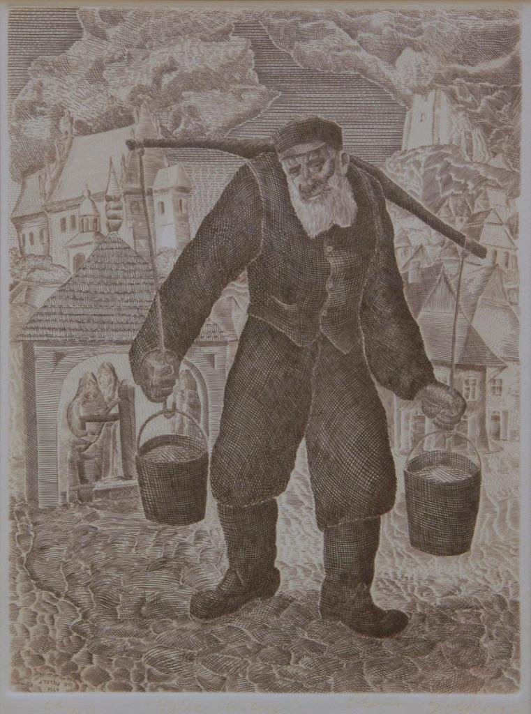 CHAIM GOLDBERG LITHOGRAPH OLD MAN WITH WATER BUCKE: CHAIM GOLDBERG LITHOGRAPH OLD MAN WITH WATER BUCKETS Measures 7-1/2" tall (19.05cm) x 10" wide (25.40cm). No 65/150. Original frame by well listed artist. Signed lower right in pencil. Total weight 11