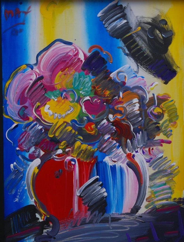 LARGE PETER MAX MIXED MEDIA ON CANVAS: LARGE PETER MAX MIXED MEDIA ON CANVAS Large acrylic. Measures 23" tall (58.42cm) x 17-1/2" wide (44.45cm) + 4" mat & frame. Total weight 4352g