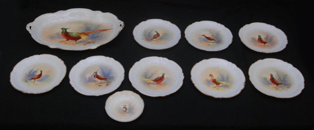 ANTIQUE HAND PAINTED LIMOGES GAME SET: ANTIQUE HAND PAINTED LIMOGES GAME SET Consisting of large serving platter along with 8 hand painted dishes and 1 gravy dish. All pieces are hand painted. Circa turn of the century with gold gilt rims.