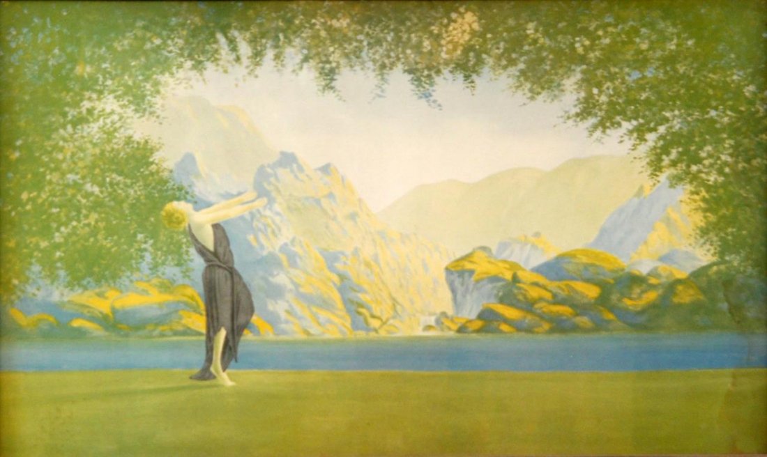 MAXFIELD PARRISH ORIGINAL FRAMED PRINT: MAXFIELD PARRISH ORIGINAL FRAMED PRINT Depicting a woman reaching towards the sky. Measures 29-1/2" wide (74.93cm) x 17-1/2" tall (44.45cm) + 1-1/2" original frame. Total weight 3315g