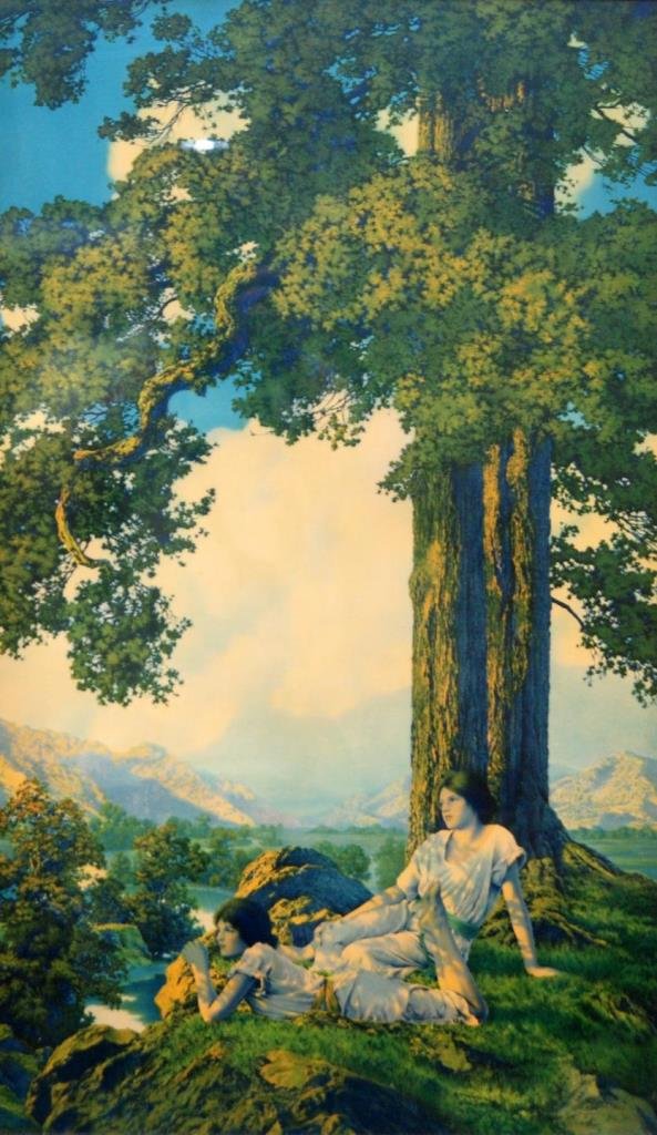 MAXFIELD PARRISH ORIGINAL FRAMED PRINT: MAXFIELD PARRISH ORIGINAL FRAMED PRINT Depicting 2 woman sitting under a tree. Measures 17-1/2" wide (44.45cm) x 29-3/4" tall (75.56cm) + 1-1/2" original frame. Total weight 3245g