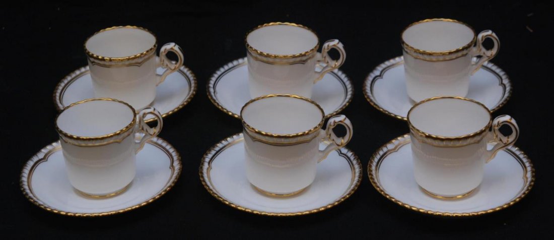 SET OF 6 SPODE DEMITASSE CUPS & SAUCERS: SET OF 6 SPODE DEMITASSE CUPS & SAUCERS Each cup measures 2" tall (5.08cm). Saucers measures 4-1/2" wide (11.43cm). Gold trim pattern. Bears the No. 4223. Total weight 1002g