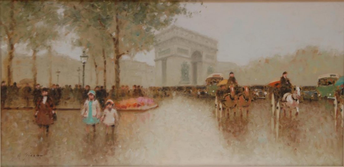 ANDRE GISSON FRENCH 1921-2003 OIL ON CANVAS: ANDRE GISSON FRENCH 1921-2003 OIL ON CANVAS Lovely parisian street scene. Measures 12" tall (330.48cm) x 23" wide (58.42cm) + 3" mat & frame. From a Palm Beach Estate. Beautiful street scene of early