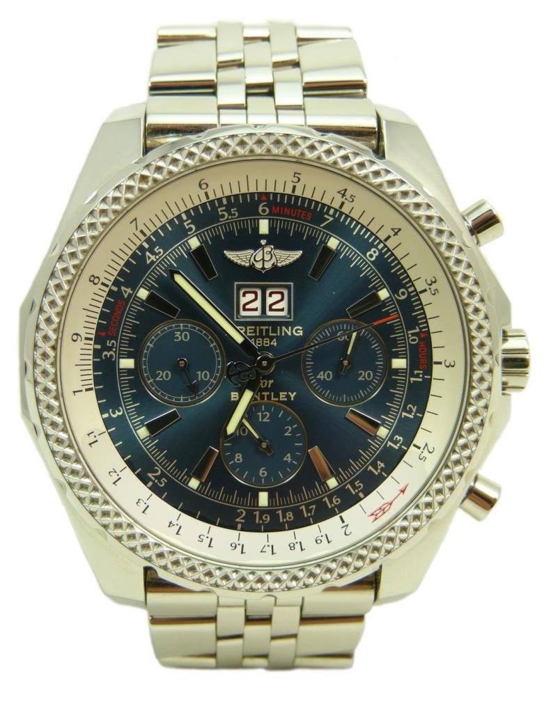 BREITLING BENTLEY STAINLESS STEEL CHRONOGRAPH WATCH: BREITLING BENTLEY STAINLESS STEEL CHRONOGRAPH WATCH with both original boxes, in like new working condition,heavy stainless steel band, original cost of watch in excess of $5500, total weight 392gms