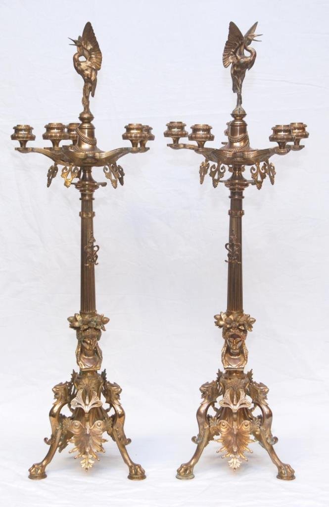 PAIR 19TH C FR FERDINAND BARBEDIENNE CANDELABRAS: PAIR 19TH CENTURY FRENCH FERDINAND BARBEDIENNE LARGE BRONZE CANDELABRAS Measures 36" tall (91.44cm). 5 arm, Griffins finial, dragon feet and women base. Extremely ornate dore bronze. Signed F Barbedie