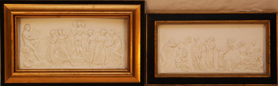 Pr VINTAGE BING & GRONDAHL HIGH RELIEF PLAQUES: A pair of old Bing & Grondahl Danish porcelain frame mounted wall plaques depicting Roman Bacchanal scenes. Each measures approx. 9 3/4" length x 4 1/2" height (24.7cm x 11.4cm). 1729 grams with frame
