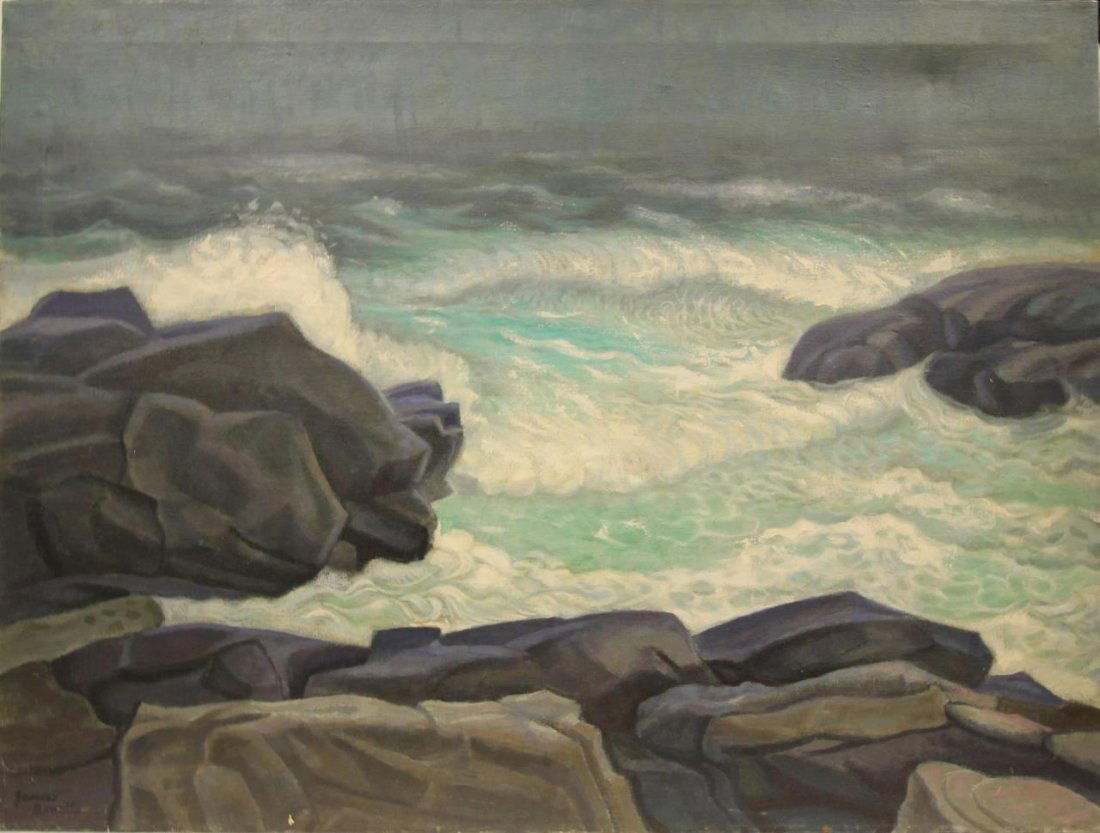 JAMES BONELLI OIL/CANVAS "SURF MOHEGAN ISLAND: JAMES BONELLI OIL/CANVAS "SURF MOHEGAN ISLAND...signed lower left and titled in verso. measures 27"(68.58cm) X 38"(96.52cm) 1475 grams, listed American artist