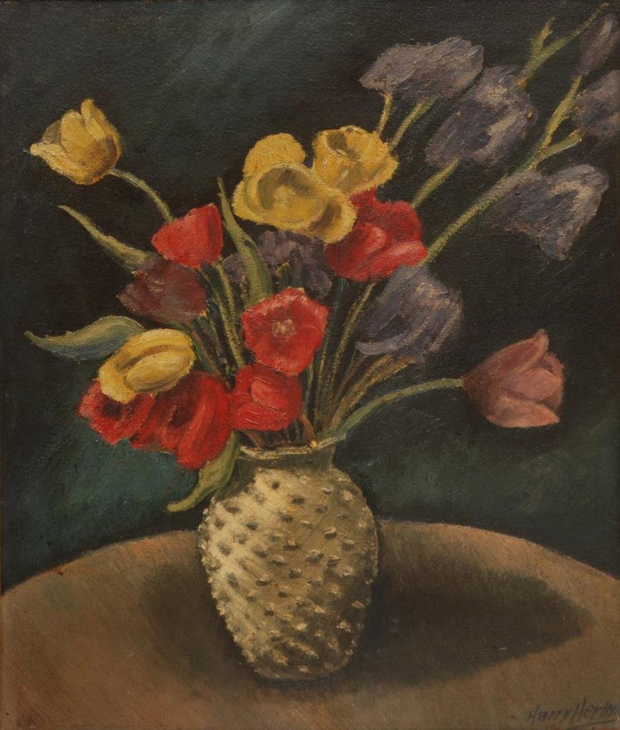HARRY HERING OIL ON MASONITE STILL LIFE FLOWERS: HARRY HERING OIL ON MASONITE STILL LIFE FLOWERS Oil painting on masonite depicting a still life with flowers. Signed lower right. Measures 23-1/4" tall x 19-1/4" + 3" frame (59.05cm x 48.89cm + 7.62cm
