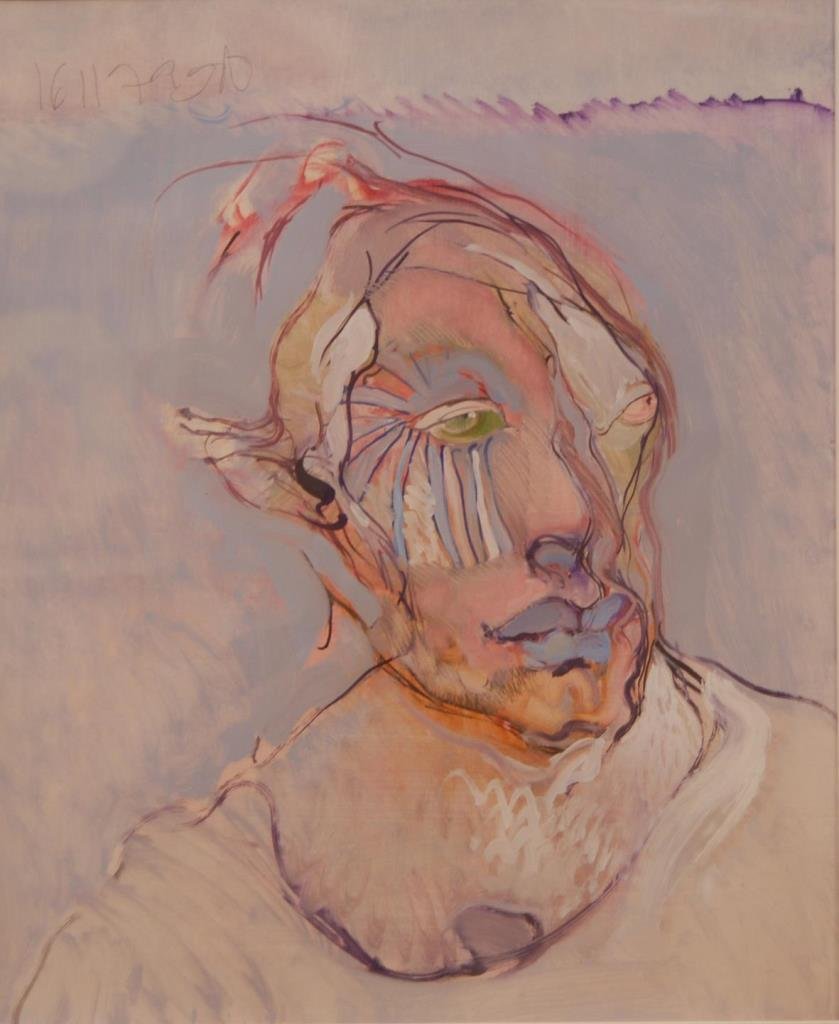 SELF PORTRAIT OIL ON PAPER: SELF PORTRAIT OIL ON PAPER Depicting a abstract portrait of a man lost in time. Measures 241/4" wide (62.23cm) x 29-1/4" tall (74.29cm) + 5-7/8" mat & frame.