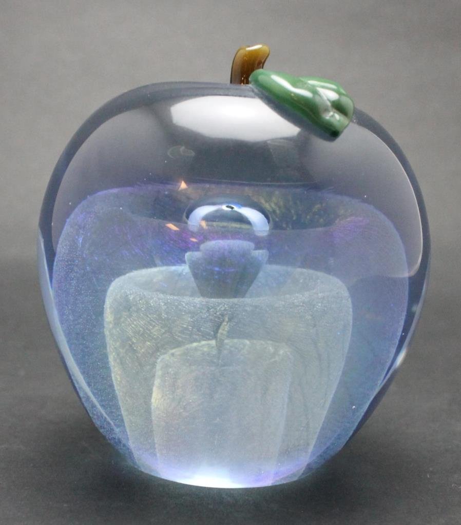 ORIENT & FLUME IRIDESCENT FLECK GLASS PAPERWEIGHT: Orient & Flume figural art glass apple paperweight having an iridescent fleck design. Etched marks to bottom. Numbered P0239I5 and signed by Christopher Sherwin. Measures approx. 3 1/4" height (8.2cm)