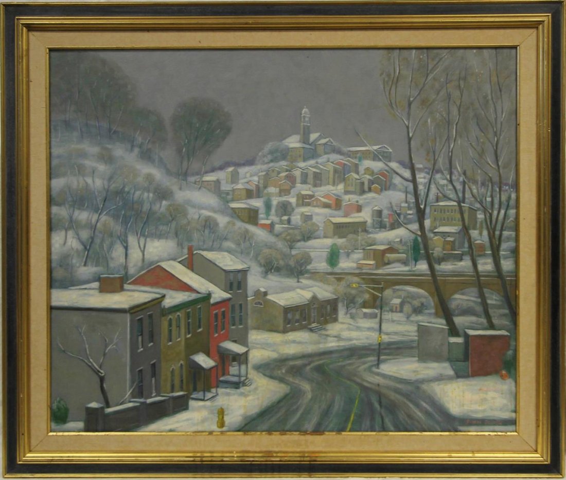 JAMES BONELLI "A WINTER DAY" OIL ON CANVAS: James P. Bonelli listed artist (American 1916-2000). A Philadelphia artist oil on canvas. Singed to lower right Measures 34"(86.36cm) Height x 40"(101.6cm) Width + 4" matt and frame.