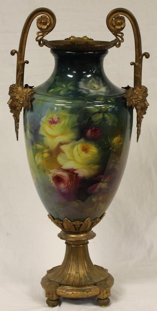 ANTIQUE ROYAL BONN PALATIAL URN BRONZE MOUNT: Important antique royal bonn palatial urn featuring many cabbage roses of pink and yellow by the factory artist Dirkmann. In Dore bronze base and handles. Handles of are Dore bronze featuring the godd