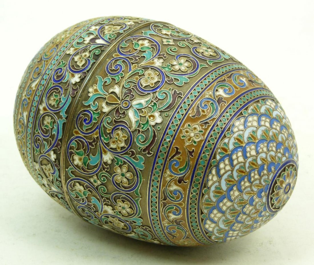 LARGE RUSSIAN SILVER & ENAMEL EGG: Large Russian silver and enamel egg. Measures 5" (12.7cm) Length. Total weight 12.75ozt