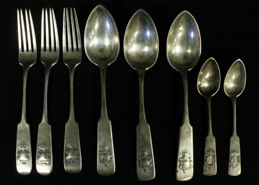 RUSSIAN 84 HALLMARKED SILVER FLATWARE ITEMS (8): Russian flatware items(8) Each bears the 84 silver mark and hallmarked with the initials AJ . Consisting of 3 large 8 1/2"(21.59cm) spoons, 3 matching forks, and 2 tea spoons, each has a crest mark to