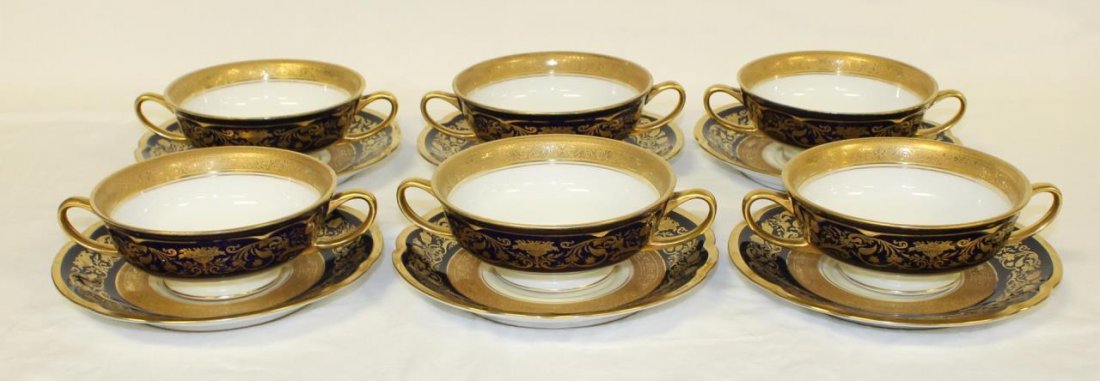 SET OF 6 BLACK KNIGHT SOUPS AND UNDER PLATES: Set of 6 black knight soups and under plates. Early 20th century Bavarian, cobalt and gold sets, plates. Measures 6"(15.24cm) Diameter. Total weight 3.1kg.