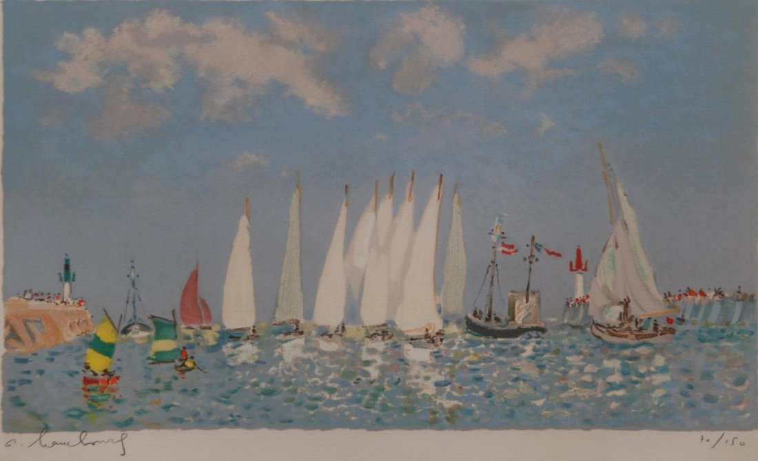 ANDRE HAMBOURG FRENCH LITHORAPH OF SAIL BOATS: Andre Hambourg French lithograph of sail boats. Signed lower left 70/150. Measures 19" Height x 25" 63.5cm) Width. Total approx. weight 8lbs.
